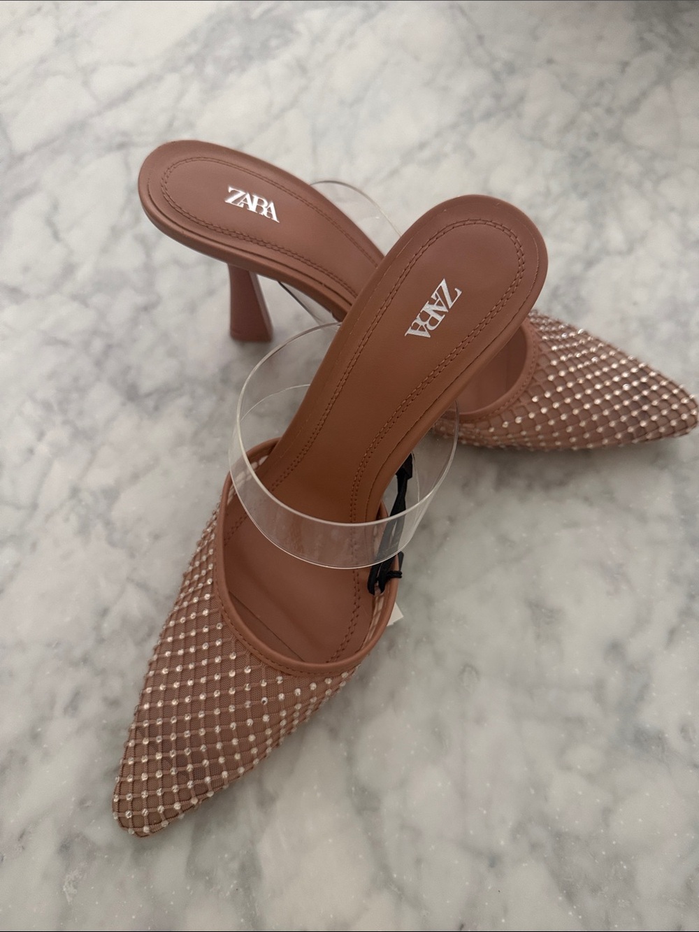 Zara Rose-Tan Jeweled Pointed Mules with Clear Strap